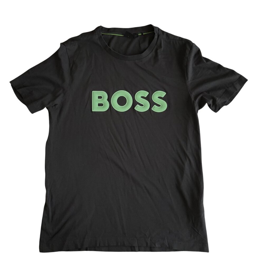Hugo Boss Mens Black T-Shirt With Green Logo Print Size L
